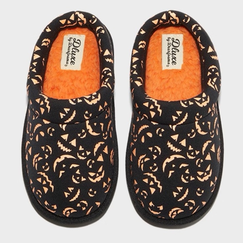 dluxe nwt by dearfoams Kids' Glow-in-the-Dark Pumpkin Slide Slippers Halloween